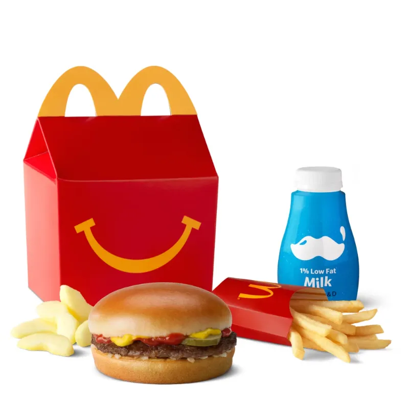 [vc_row height="small"][vc_column width="1/1"][vc_column_text] Hamburger Happy Meal [/vc_column_text][vc_row_inner content_placement="middle"][vc_column_inner width="1/2"][us_image image="368" link="%7B%22url%22%3A%22%22%7D"][/vc_column_inner][vc_column_inner width="1/2"][vc_column_text] The Hamburger Happy Meal is a classic pick for kids. It comes with a juicy hamburger made from 100% beef. The bun is soft. The taste is simple and mild. This makes it perfect for young eaters. Every meal includes a side. Choose from fries or apple slices. Both options are tasty and kid-friendly. You also get a drink. Pick from milk, juice, or a soft drink. The best part? Every Happy Meal comes with a fun toy. Kids love the surprise inside. Toys change often, so there's always something new to collect. This meal is quick to order. It's great for busy days. Parents trust it for a balanced, portioned meal. Kids enjoy the taste and the toy. [/vc_column_text][/vc_column_inner][/vc_row_inner][/vc_column][/vc_row][vc_row height="small"][vc_column width="1/1"][vc_column_text] Nutritional Information [/vc_column_text][us_separator size="custom" height="20px"][vc_column_text] 475 Cal. Calories 22g Protein 60g Total Carbs (21% DV) 16g Total Fat (21% DV) Saturated Fat: 5.5g (28% DV) Total Sugars: 19g Iron: 3.0mg (17% DV) Trans Fat: 0g Added Sugars: 5g (9% DV) Potassium: 795mg (16% DV) Cholesterol: 40mg (13% DV) Vitamin D: 2mcg (15% DV) Sodium: 680mg (29% DV) Dietary Fiber: 2g (12% DV) Calcium: 291mg (22% DV) [/vc_column_text][/vc_column][/vc_row][vc_row height="small"][vc_column width="1/1"][vc_column_text] Ingredient Breakdown [/vc_column_text][us_separator size="custom" height="20px"][vc_column_text] COMPONENT KEY INGREDIENTS ALLERGEN Regular Bun Enriched wheat flour, sugar, yeast, soybean oil and dough conditioners. Wheat, may contain sesame 100% Beef Patty Pure USDA inspected beef seasoned with salt and black pepper. None listed Ketchup Tomato concentrate, distilled vinegar, corn syrup and natural flavors. None listed Pickle Slices Cucumbers, water, distilled vinegar, salt and turmeric extract for color. None listed Onions Onions only. None listed Mustard Distilled vinegar, mustard seed, turmeric and paprika. None listed Kids Fries Potatoes cooked in a vegetable oil blend with natural beef flavor and dextrose. Wheat, Milk 1% Low Fat Milk Jug Low fat milk with added vitamin A and vitamin D3. Milk Apple Slices Fresh apples with calcium ascorbate to preserve freshness and color. None listed Hamburger Happy Meal